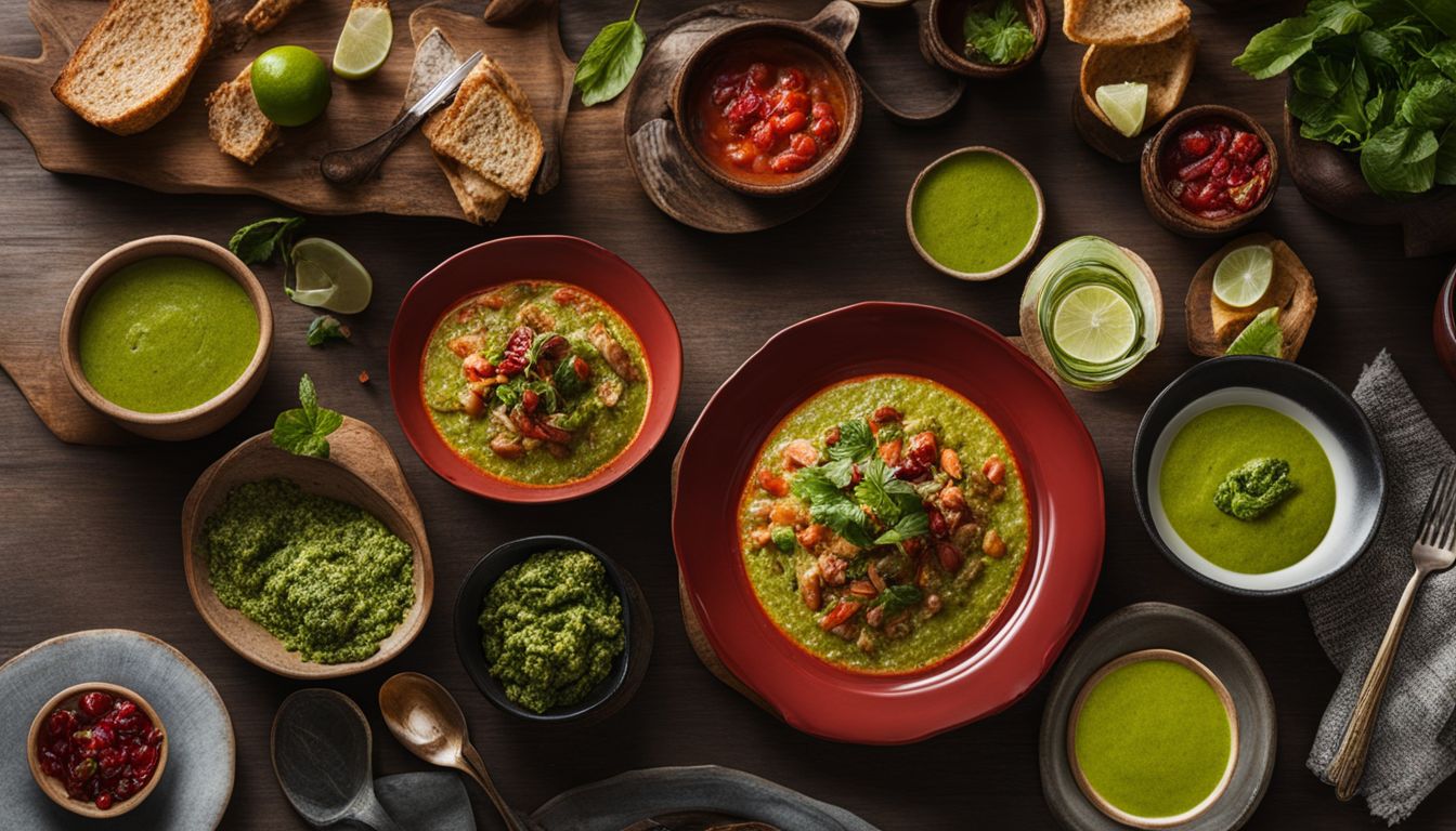A table setting with colorful dishes and bowls of mojo rojo and mojo verde.