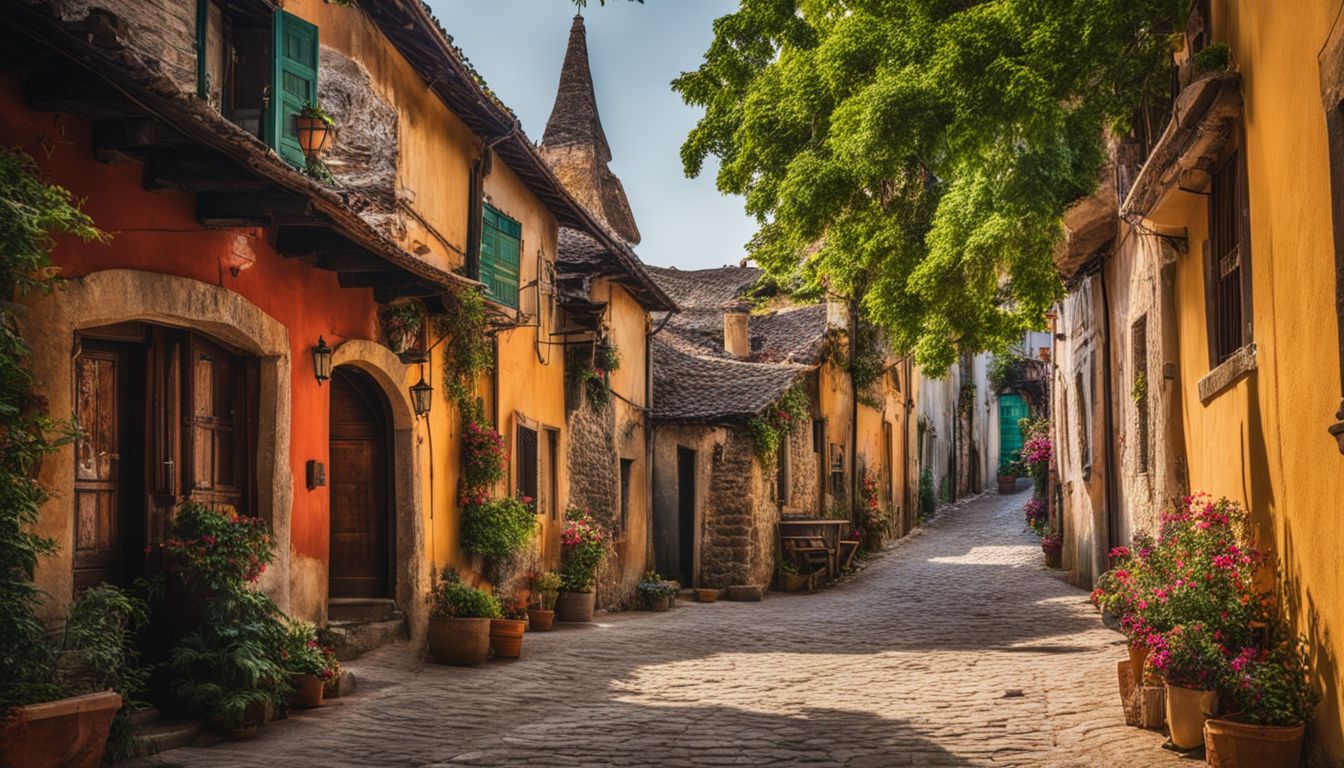 A charming village with colorful houses and bustling atmosphere.