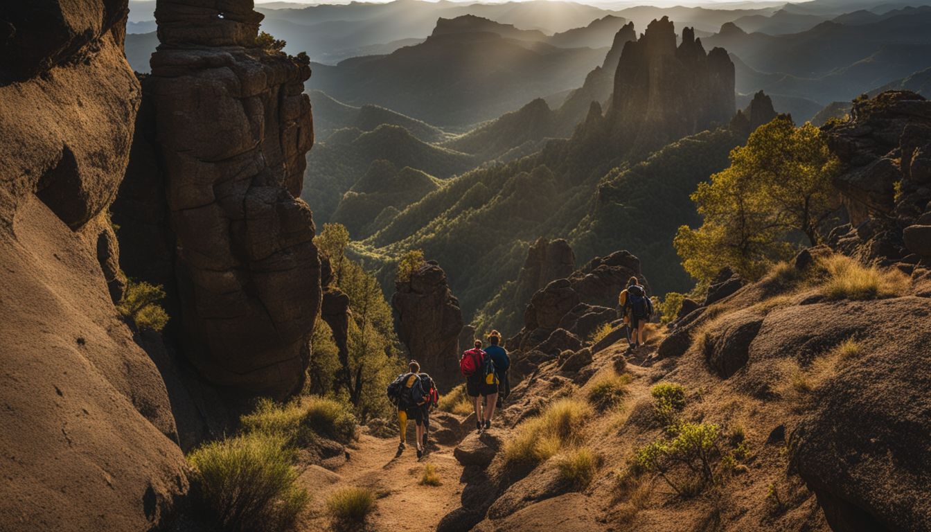 Hikers trek through rocky terrain to Roque Nublo in well-lit natural lighting.
