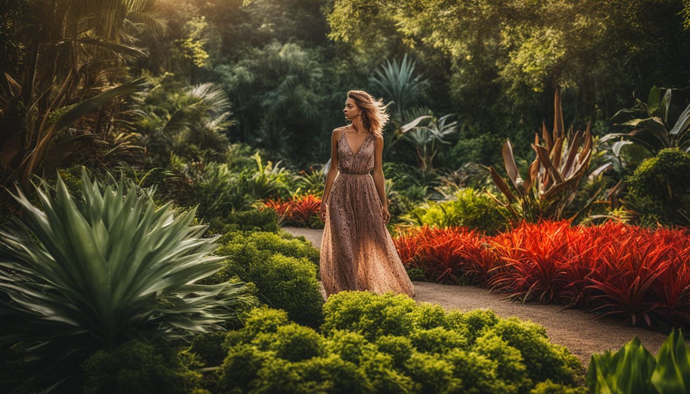 A woman walking among exotic plants in a botanical garden.