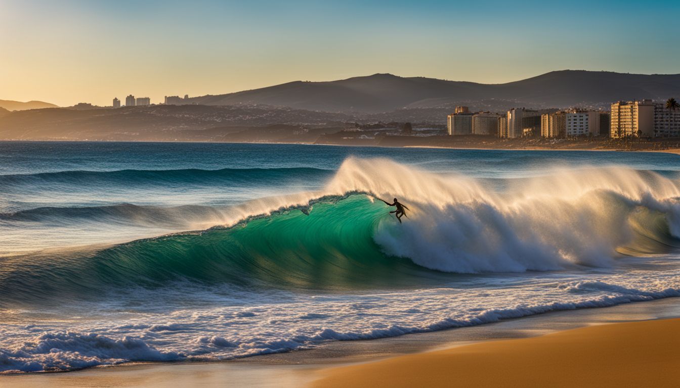 Surfers catching waves at Las Canteras Beach in vibrant seaside setting.
