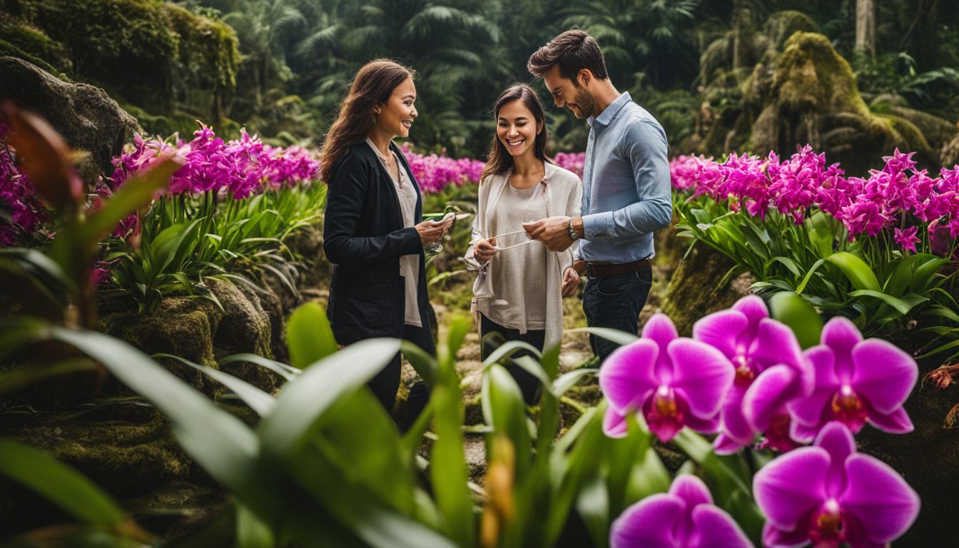 A man and woman admiring vibrant orchids in Orchid Garden Sitio Litre.
