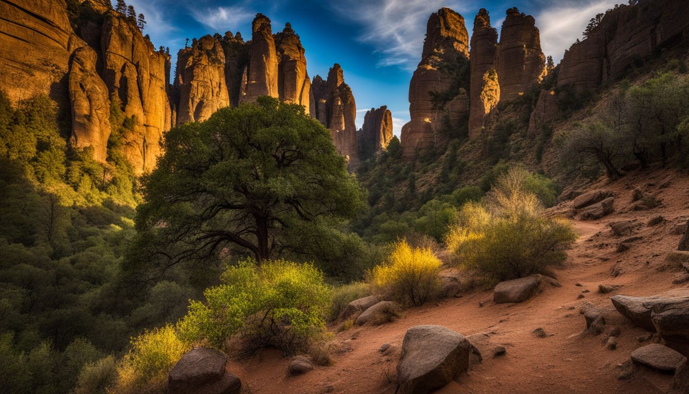 A majestic photo of the Roque Nublo rock formation in a mountainous landscape.