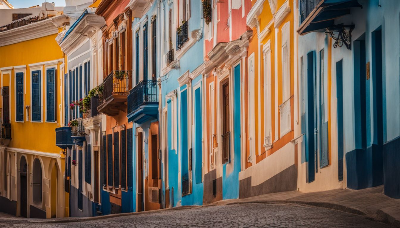 A historic street in Las Palmas with colorful colonial buildings and bustling atmosphere.