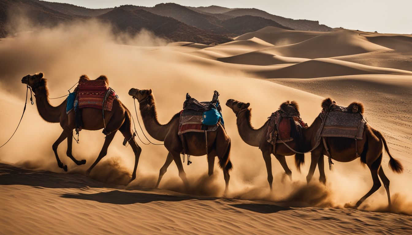 A caravan of camels walking through the sandy hills of Gran Canaria.