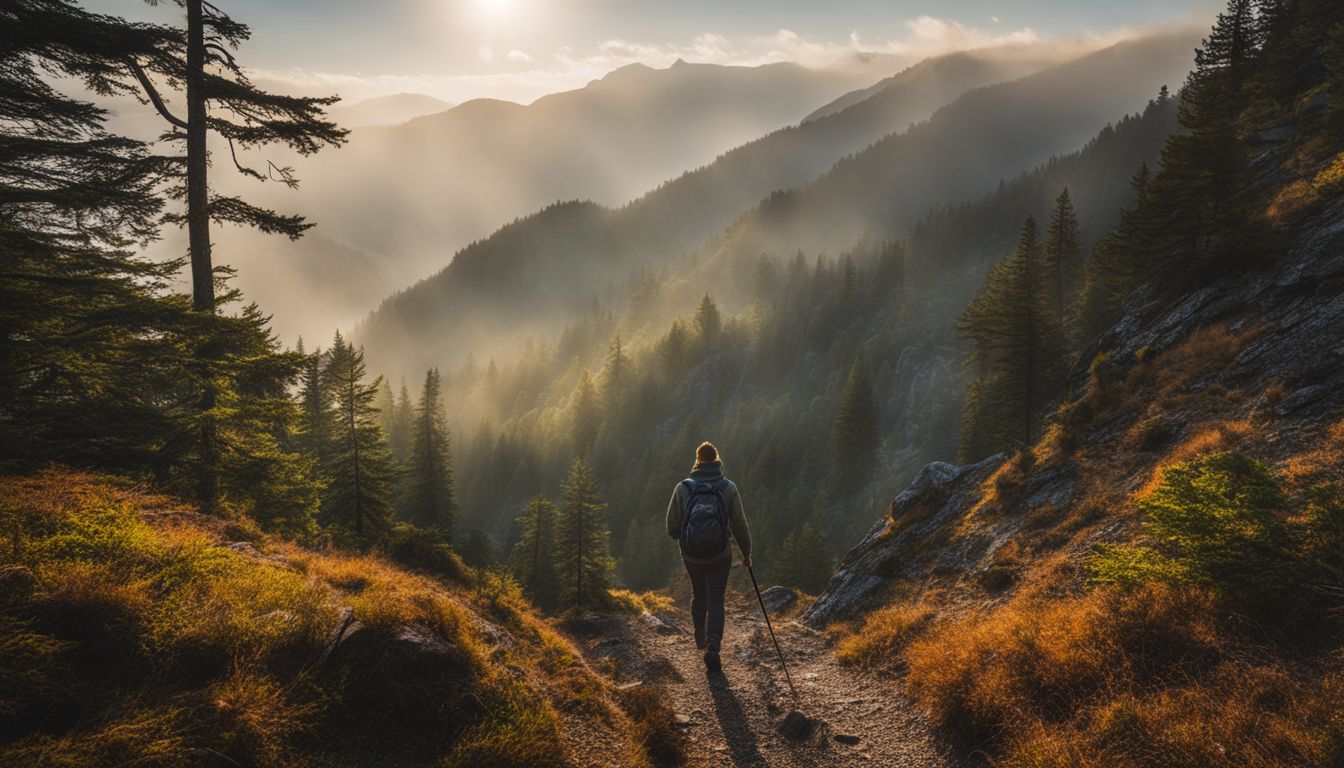 A lone hiker explores misty mountain trail surrounded by ancient woods.